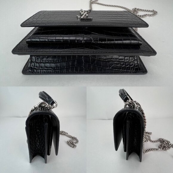 Saint Laurent Black Leather Sunset Wallet on a Chain Crocodile Embossed Bag - Picture 5 of 15